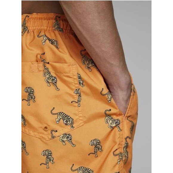 Jack and Jones Swim Shorts Men's Flame Orange Tiger Motif - Size Large - Picture 6 of 11